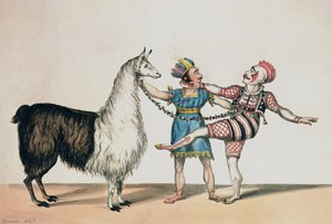 Grimaldi und das Alpaka in der beliebten Pantomime des Roten Zwergs, veröffentlicht 1813 in London